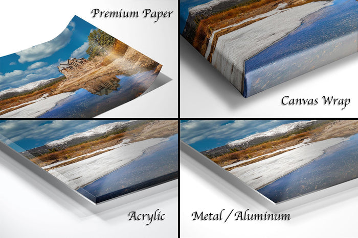The image is a collage of four different images, each depicting a landscape scene. The images are labeled as "Premium Paper", "Canvas Wrap", "Acrylic", and "Metal/Aluminum".