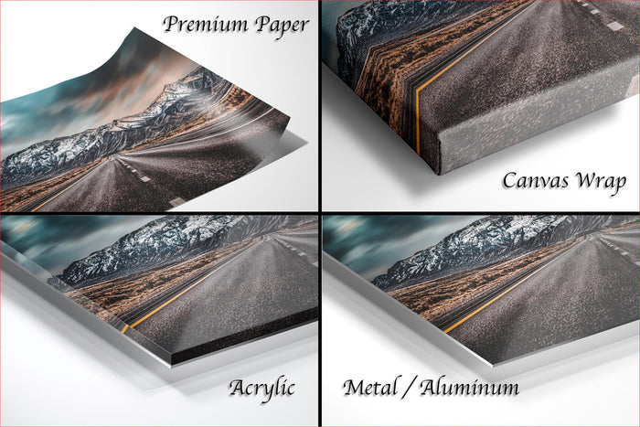 The image is a collage of four different images, each depicting a road or highway with mountains in the background. The images are labeled as "Premium Paper", "Canvas Wrap", "Acrylic", and "Metal/Aluminum".