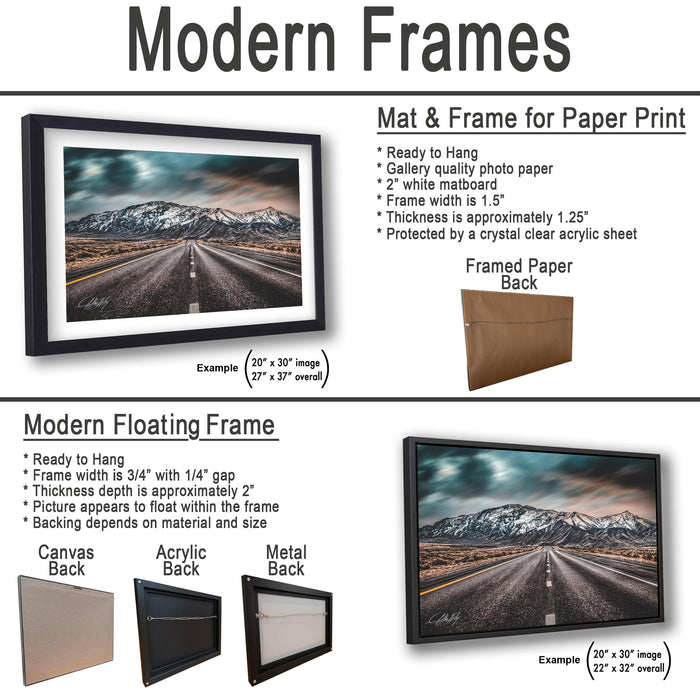 The image is a collage of three framed pictures, each depicting a different landscape scene. The first frame shows a mountain road, the second frame features a desert landscape, and the third frame depicts a snowy mountain range. The frames are designed to hang on a wall, with the mat and frame for paper print and the modern floating frame for canvas.