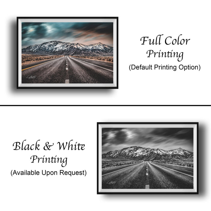 The image is a collage of two framed pictures. The top picture is a black and white photograph of a long, empty road leading towards a mountain range. The bottom picture is a full color photograph of the same road leading towards the mountains. Both pictures are framed and have the caption "Full Color Printing (Default Printing Option)" and "Black & White Printing (Available Upon Request)" printed on them.