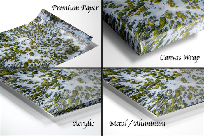four different views of a landscape photograph printed on various materials, including premium paper, canvas wrap, acrylic, and metal/aluminum.
