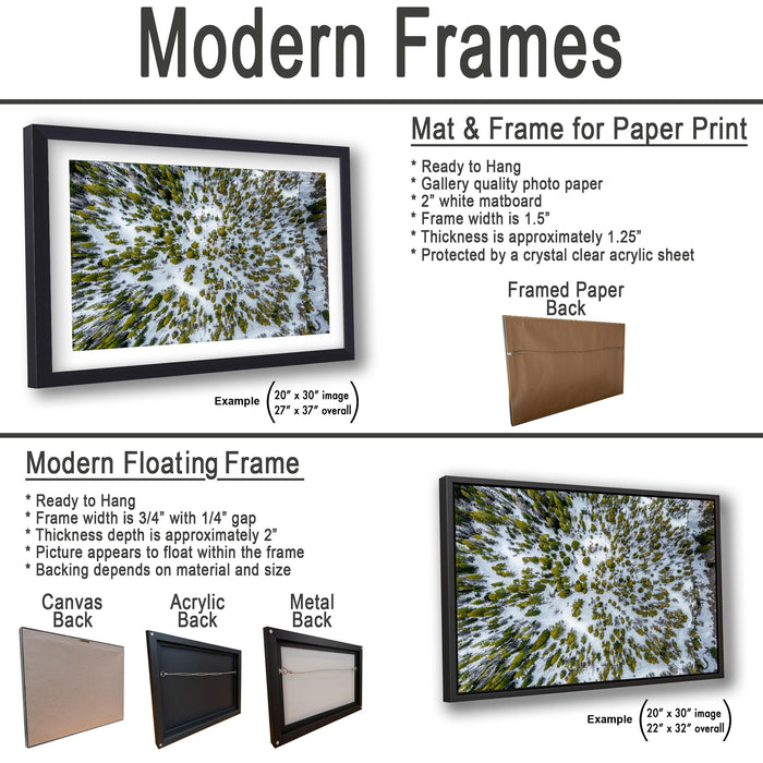 The image is a collage of various framed artworks, including a mat and frame for a paper print, a modern floating frame, and a framed paper back.