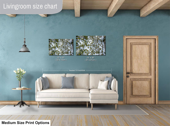 a living room with a white sofa, a wooden door, and a painting of a snowy landscape on the wall.