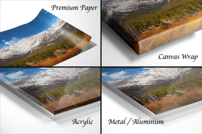 The image is a collage of four different views of a mountain landscape, each with a different finish or material, including acrylic, metal, and aluminum.