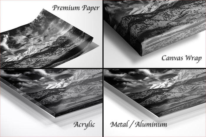 four different views of a black and white landscape photograph, including a close-up of the paper or canvas used to print the image, a close-up of the printed image, and a close-up of the printed image on a metal or aluminum surface.
