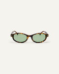 Face shot of Bonnie Clyde Roller Coaster sunglasses in tortoise with green lenses.