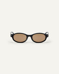 Face shot of Bonnie Clyde Roller Coaster sunglasses in black with brown lenses.