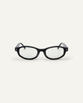 Face shot of Bonnie Clyde Roller Coaster optical frames in black with clear lenses.