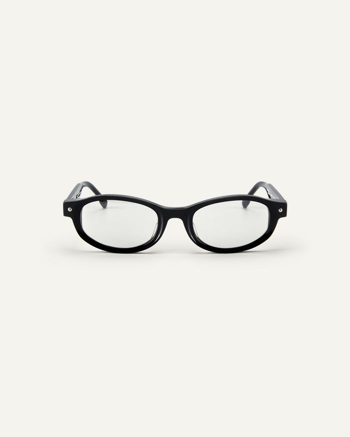 Face shot of Bonnie Clyde Roller Coaster optical frames in black with clear lenses.
