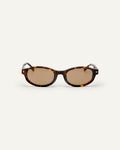 Face shot of Bonnie Clyde Roller Coaster sunglasses in tortoise with brown lenses.