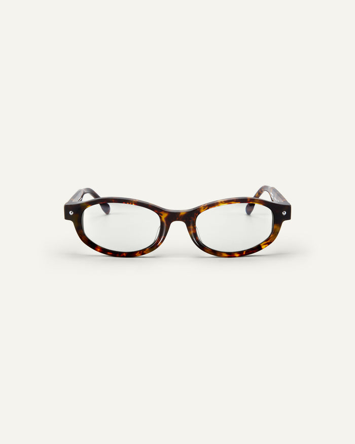 Face shot of Bonnie Clyde Roller Coaster optical frames in tortoise with clear lenses.