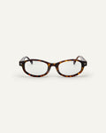 Face shot of Bonnie Clyde Roller Coaster optical frames in tortoise with clear lenses.