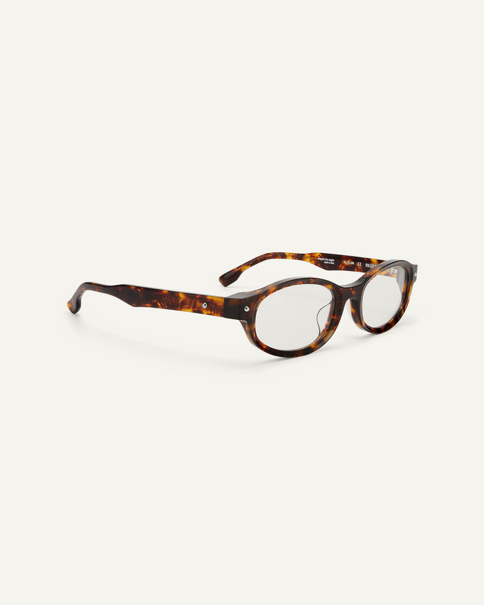 Side shot of Bonnie Clyde Roller Coaster optical frames in tortoise with clear lenses.