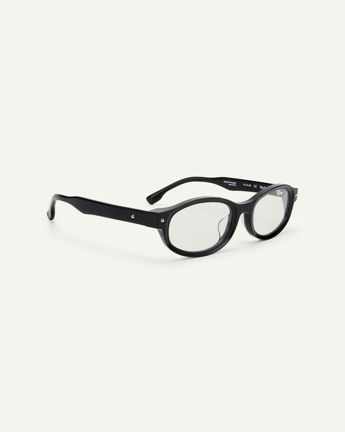 Side shot of Bonnie Clyde Roller Coaster optical frames in black with clear lenses.