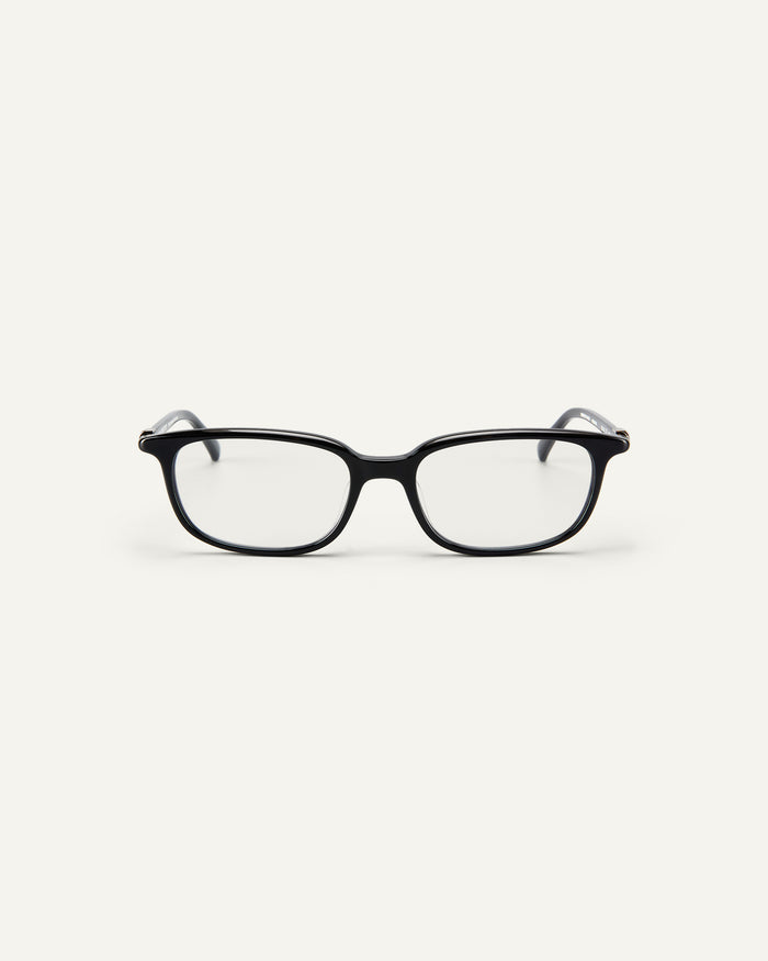 Face shot of Bonnie Clyde Rookie optical frames in black with clear lenses.