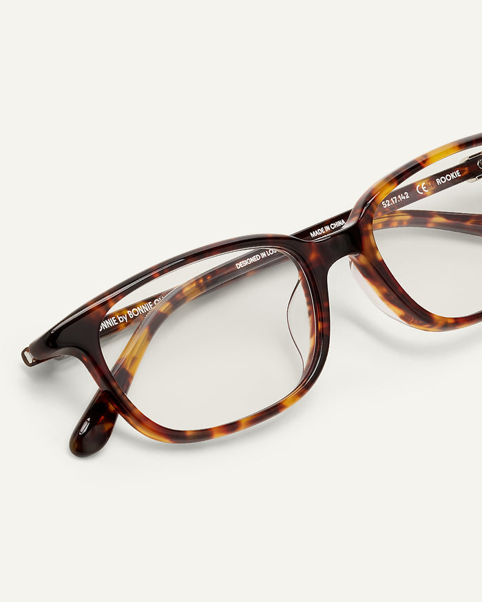 Close-up shot of Bonnie Clyde Rookie optical frames in tortoise with clear lenses.
