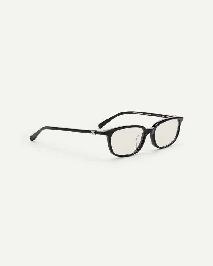 Close-up shot of Bonnie Clyde Rookie optical frames in black with clear lenses.