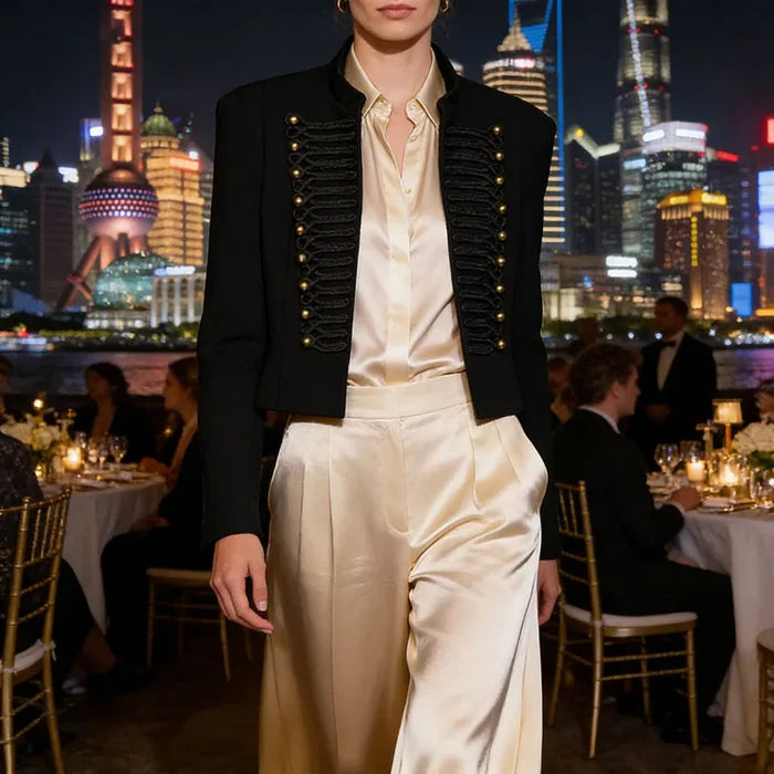 Rope-Braided Epaulette Cropped Blazer | Gold Button Double-Breasted Jacket