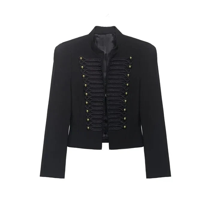 Rope-Braided Epaulette Cropped Blazer | Gold Button Double-Breasted Jacket