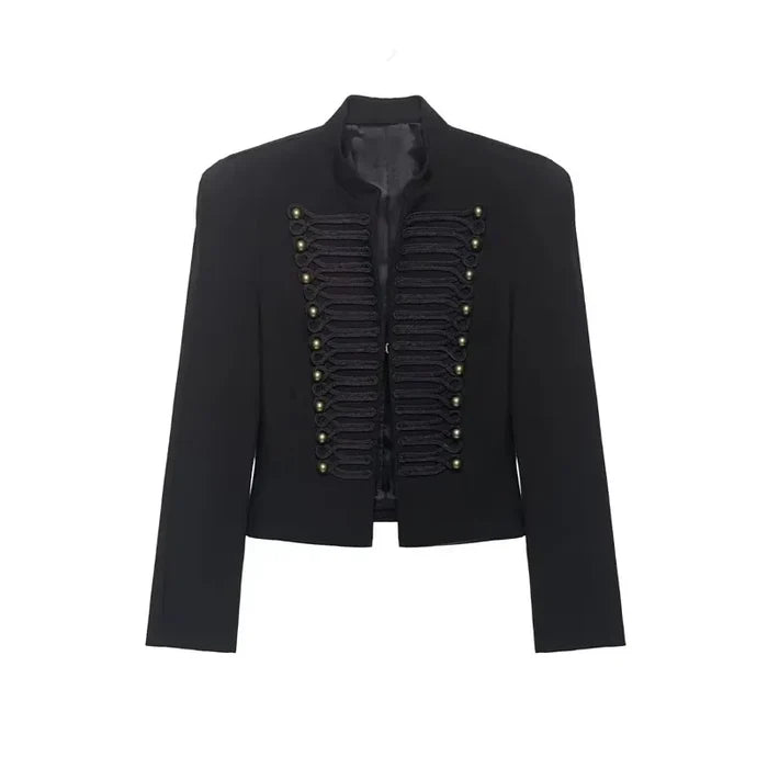 Rope-Braided Epaulette Cropped Blazer | Gold Button Double-Breasted Jacket