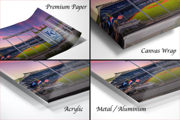 The image is a collage of four different views of a baseball stadium, showcasing the stadium's architecture and surrounding landscape.