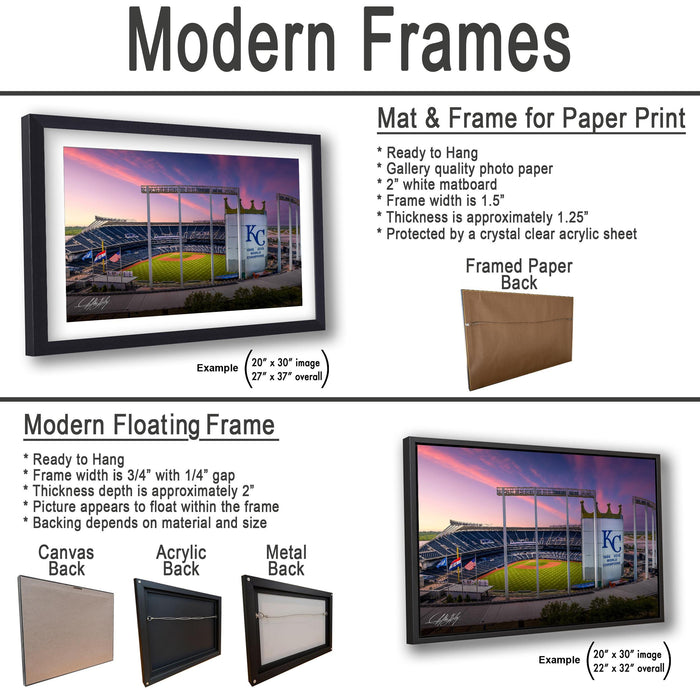 The image is a collage of two framed pictures, one of a baseball field and the other of a stadium. The framed picture is a mat and frame for a paper print, while the other is a modern floating frame.