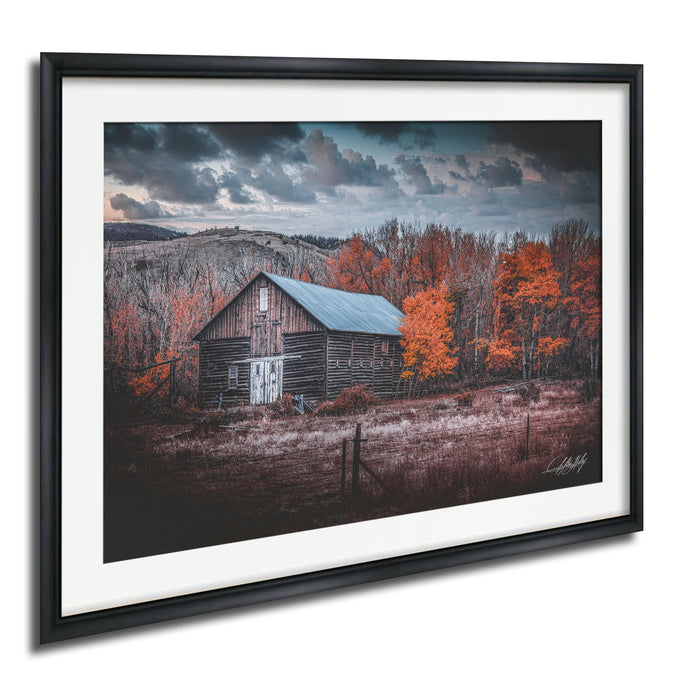 A rustic wooden barn with a sloping roof stands in a field surrounded by trees with vibrant orange leaves, set against a dramatic cloudy sky.