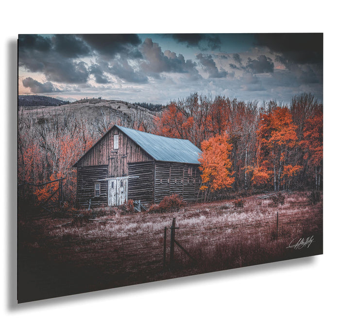 A rustic wooden barn stands in a field, surrounded by trees with vibrant orange leaves against a cloudy sky.