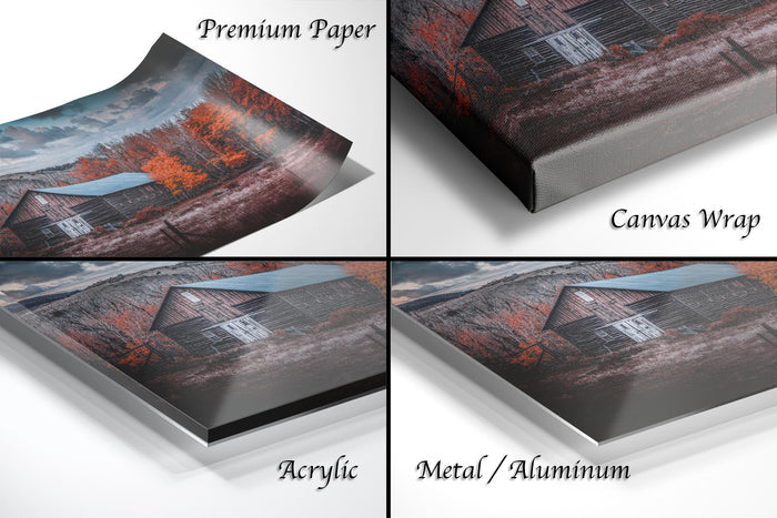 The image is a collage of four different views of a rustic barn in a forest setting, with each view labeled as "Premium Paper", "Canvas Wrap", "Acrylic", and "Metal/Aluminum".