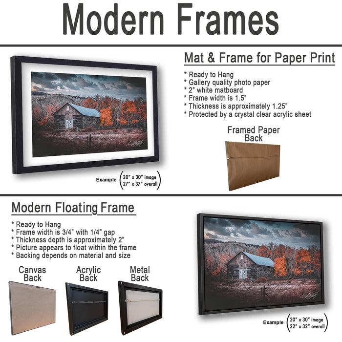 The image is a collage of two framed artworks, one of which is a mat and frame for a paper print, and the other is a modern floating frame.