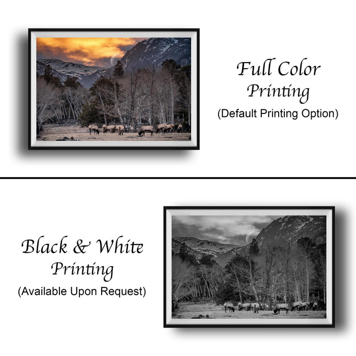 The image is a collage of two framed photographs. The top photograph is a full color print of a snowy mountain landscape with a sunset, while the bottom photograph is a black and white print of the same mountain landscape. Both photographs are framed and available upon request.