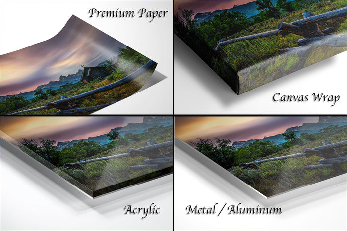 The image is a collage of four different images, each depicting a landscape scene. The images are labeled as "Premium Paper", "Canvas Wrap", "Acrylic", and "Metal/Aluminum".