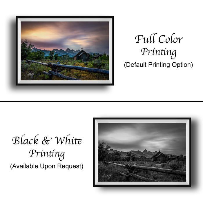 The image is a collage of two framed pictures. The top picture is a full color print of a rural landscape with a wooden fence and a house, while the bottom picture is a black and white print of the same rural landscape.