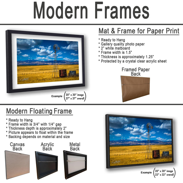 The image is a collage of two framed pictures, one of a windmill and the other of a field with a barn. The collage is presented in two different frame types: a modern floating frame and a modern hanging frame.