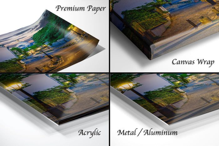 The image is a collage of four different views of a street scene, including a close-up of a tree, a street lamp, and a building.