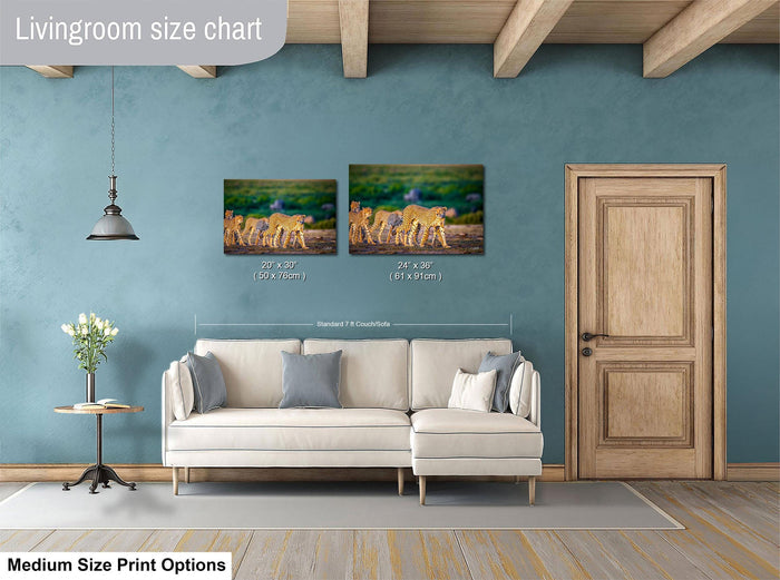 a living room with a white sofa, a wooden door, and a painting of cheetahs on the wall. The living room has a blue wall and a wooden floor.