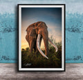 A large elephant with long white tusks stands in a grassy field, facing the camera.