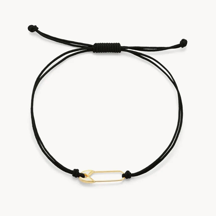 Safety Pin Cord Bracelet in 10k yellow gold with black cord