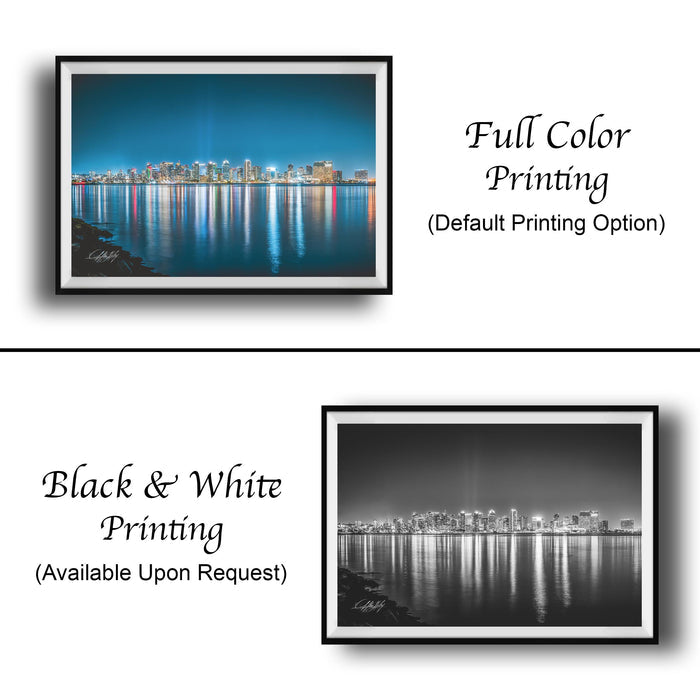 The image is a collage of two framed cityscape photographs. The top photograph is a full-color print of a city skyline at night, while the bottom photograph is a black and white print of the same city skyline. Both prints are framed and available upon request.