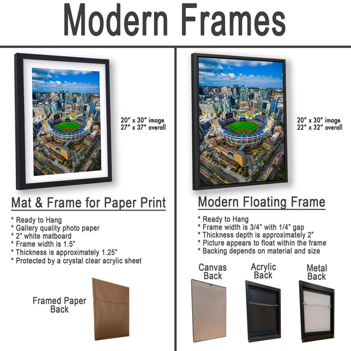The image is a comparison of modern framed prints and modern floating frames for displaying photographs. It features two different framed prints and two different framed floating frames, each with their own unique characteristics and features.