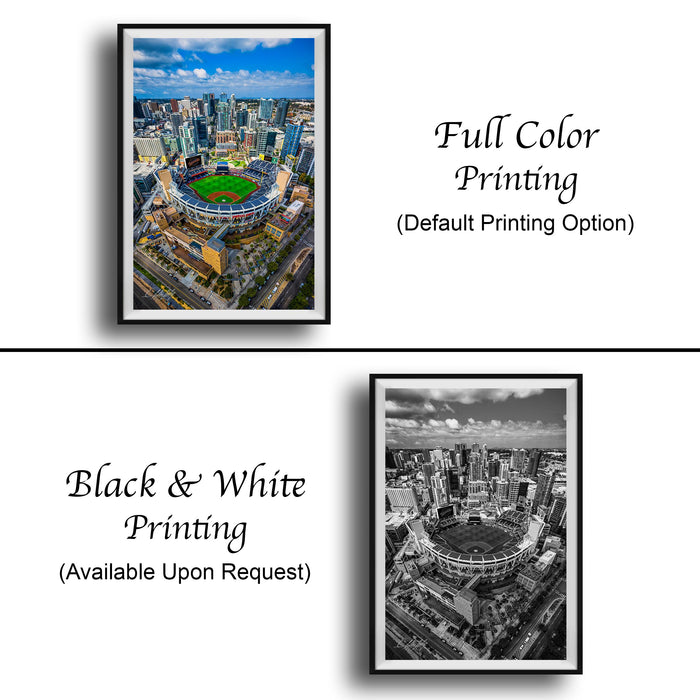 The image is a collage of two framed pictures. The top picture is a full color print of a city skyline, while the bottom picture is a black and white print of the same city skyline. Both pictures are framed and available upon request.