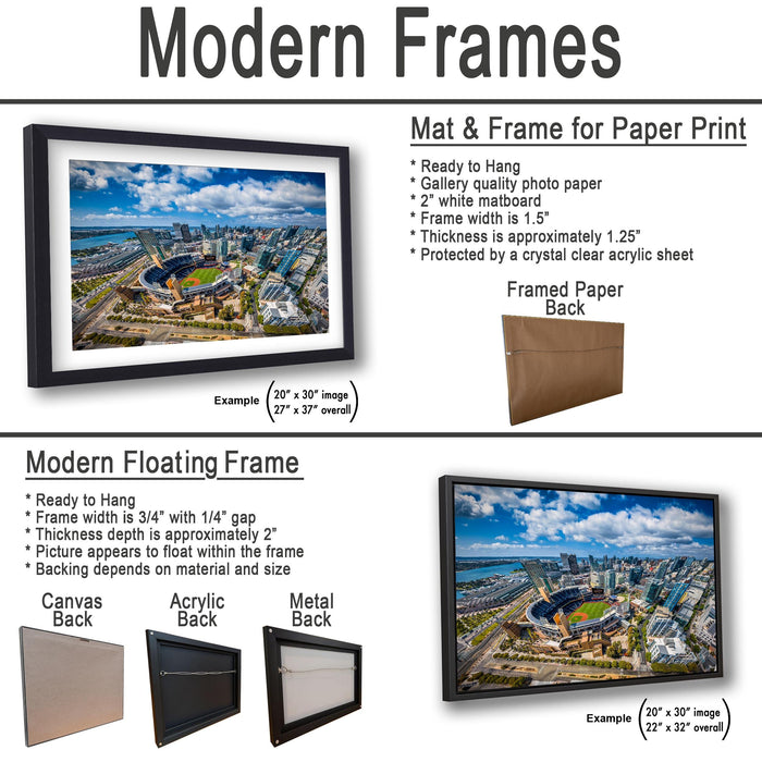 The image is a collage of two framed pictures, one of a cityscape and the other of a baseball field, both featuring modern floating frames.