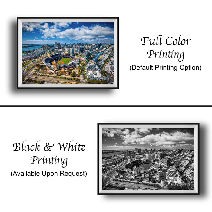 The image is a collage of two framed pictures. The top picture is a full color aerial view of a city, while the bottom picture is a black and white aerial view of the same city. Both pictures are labeled as "Full Color Printing" and "Black & White Printing" respectively, indicating that they are available upon request. The text "Default Printing Option" is also present, suggesting that the printing style is customizable.
