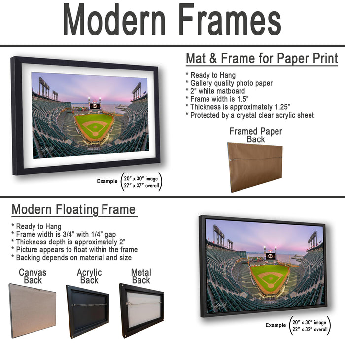 The image is a collage of three framed pictures, each depicting a baseball stadium. The first frame is a mat and frame for a paper print, the second frame is a modern floating frame, and the third frame is a mat and frame for a paper print.