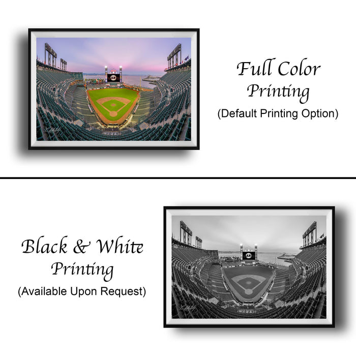 The image is a collage of two framed pictures. The left frame shows a full color image of a baseball stadium, while the right frame is a black and white image of the same stadium. The text below the images indicates that the full color printing is available upon request.