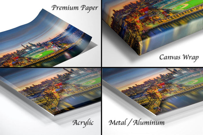 The image is a collage of four different views of a city skyline at sunset, with the cityscape appearing in various materials such as acrylic, metal, and canvas wrap.