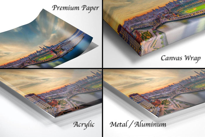The image is a collage of four different views of a cityscape, each with a distinct perspective and angle. The collage includes a close-up view of the city skyline, a panoramic view of the city, a close-up view of a building, and a close-up view of a street. The collage is labeled as "Premium Paper", "Canvas Wrap", "Acrylic", and "Metal/Aluminum".