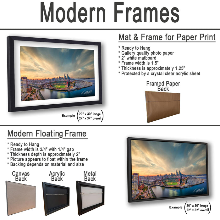 The image is a collage of two framed artworks, one of which is a modern floating frame and the other is a mat and frame for paper print.