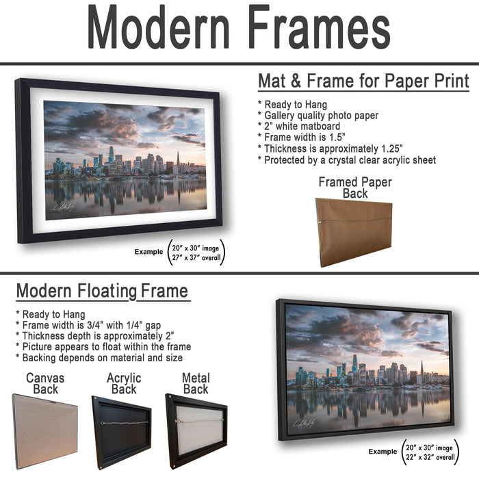 The image is a collage of two framed artworks, one of which is a modern floating frame and the other is a mat and frame for paper print.