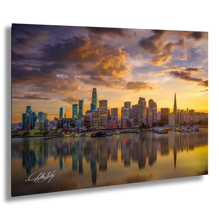 San Francisco sunset skyline print, Port of San Francisco fine art wall decor, Transamerica Pyramid reflection art, California coastal skyline photograph, Bay Area waterfront cityscape, modern skyline photo for living room, historical San Francisco art print, golden hour city reflection canvas